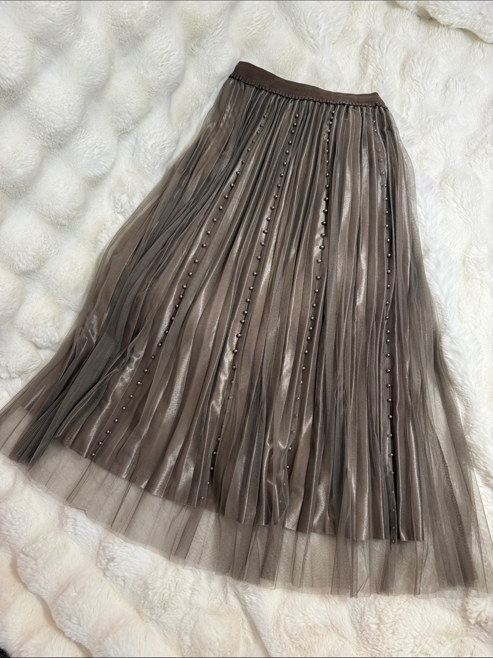 Pleated Tulle Midi Skirt with Beaded Trim — Taupe